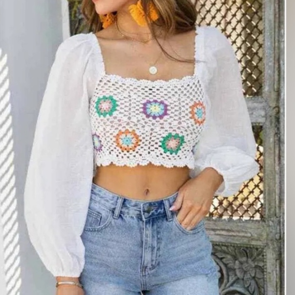 Aerie White Crochet Blouse with Multicolor Accents